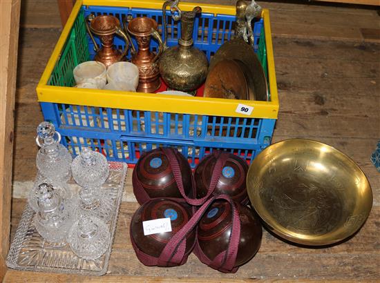 Mixed metalware, glassware & lawn bowls